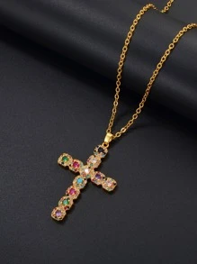 Màu sắc ngẫu nhiên Vòng cổ chữ thập đá Cubic Zirconia - Vàng - Xem 1
