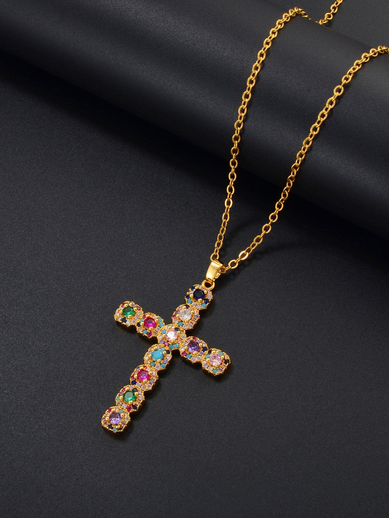 Màu sắc ngẫu nhiên Vòng cổ chữ thập đá Cubic Zirconia - Vàng - Xem 1