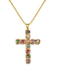 Màu sắc ngẫu nhiên Vòng cổ chữ thập đá Cubic Zirconia - Vàng - Xem 6