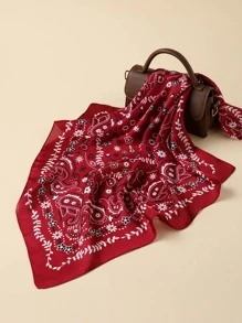 佩斯利印花方巾 - 紅白色 - 查看 1