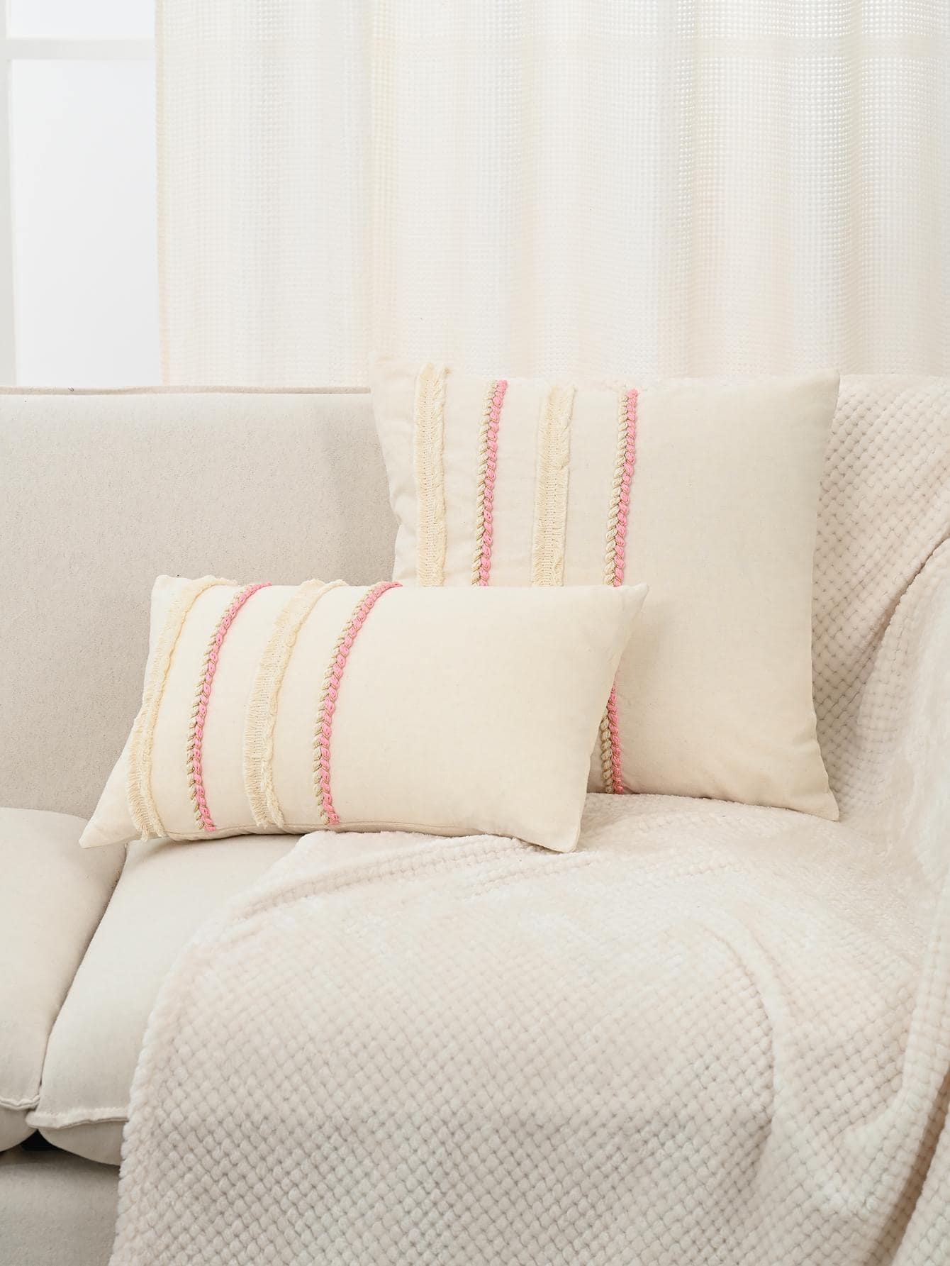 1pc Polyester Fringe Braid Pillowcase Or Lumbar Pillow Cover - Pink - View 1