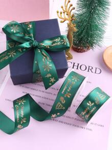 1卷聖誕標語圖案禮品包裝絲帶 - 綠色 - 查看 1