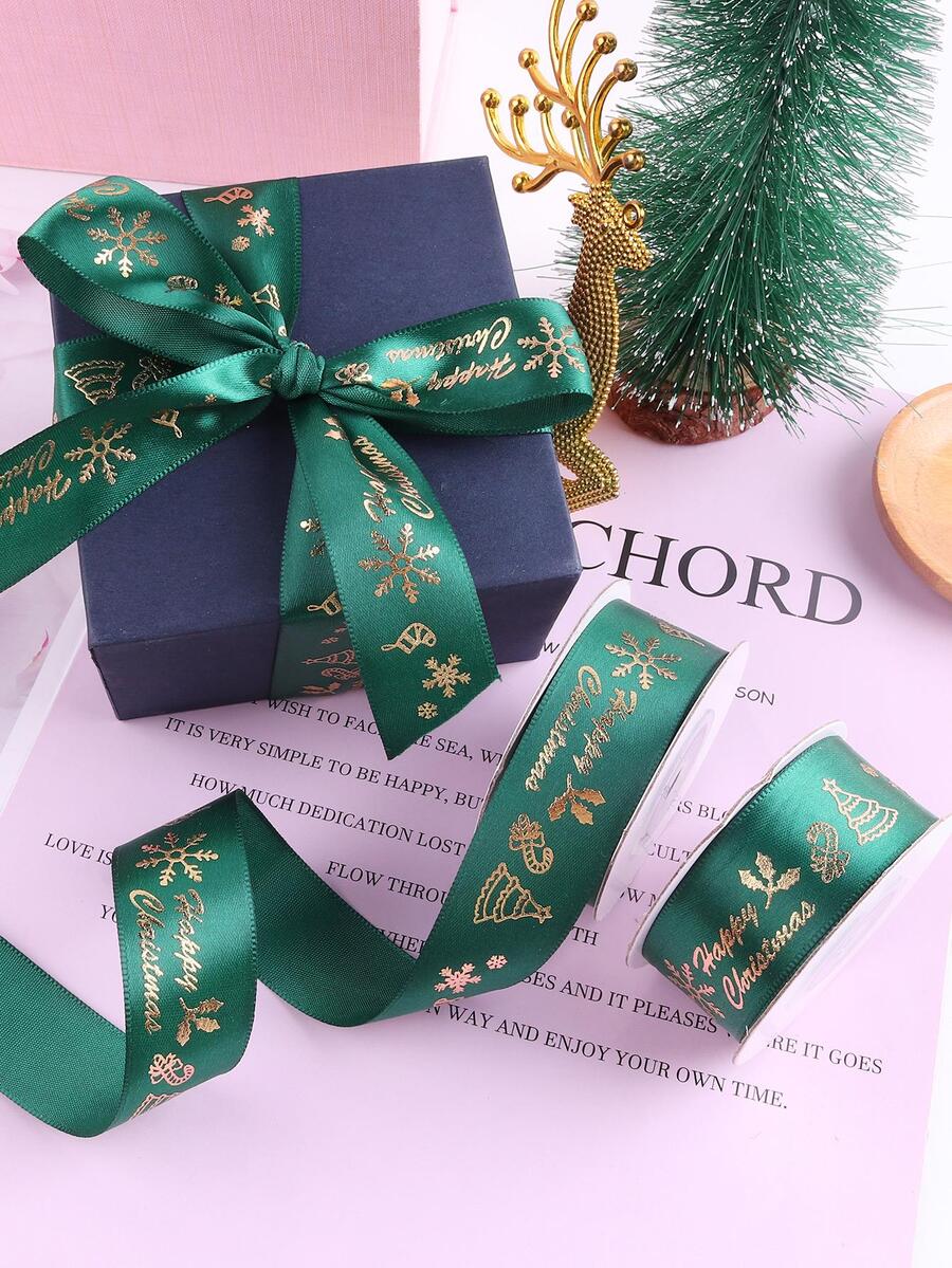 1卷聖誕標語圖案禮品包裝絲帶 - 綠色 - 查看 1