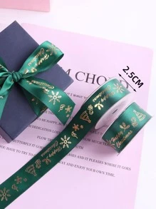 1卷聖誕標語圖案禮品包裝絲帶 - 綠色 - 查看 3