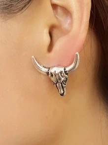 黃牛頭耳釘 - 復古銀色 - 查看 1