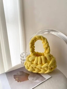 Ladies' Handbag, Hooked And Woven, Solid Color, Handmade, Hollow Design, Fashionable And Minimalist, Suitable For Outings And Shopping. - Yellow - View 3