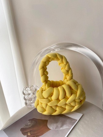 Yellow Crochet Bag Top Handle Polyester Vacation, Perfectly Matching With Vacation Outfits Women