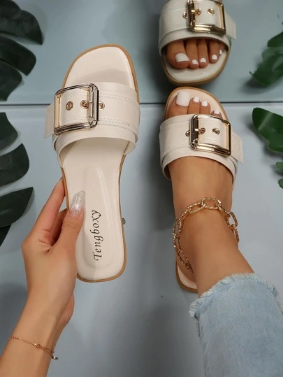 Women Buckle Decor Single Band Slide Sandals, Fashionable Beige Flat Sandals
