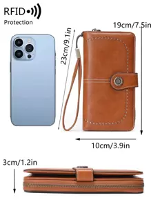 MIYIN 纽扣装饰 RFID PU 复古带包礼物商务休闲强盗女士钱包钱包长钱包腕带钱包 - 棕色 - 查看 7