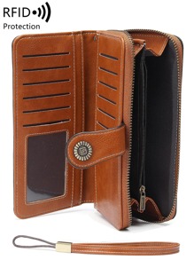 MIYIN 纽扣装饰 RFID PU 复古带包礼物商务休闲强盗女士钱包钱包长钱包腕带钱包 - 棕色 - 查看 4
