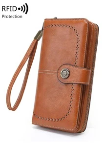 MIYIN 纽扣装饰 RFID PU 复古带包礼物商务休闲强盗女士钱包钱包长钱包腕带钱包 - 棕色 - 查看 2