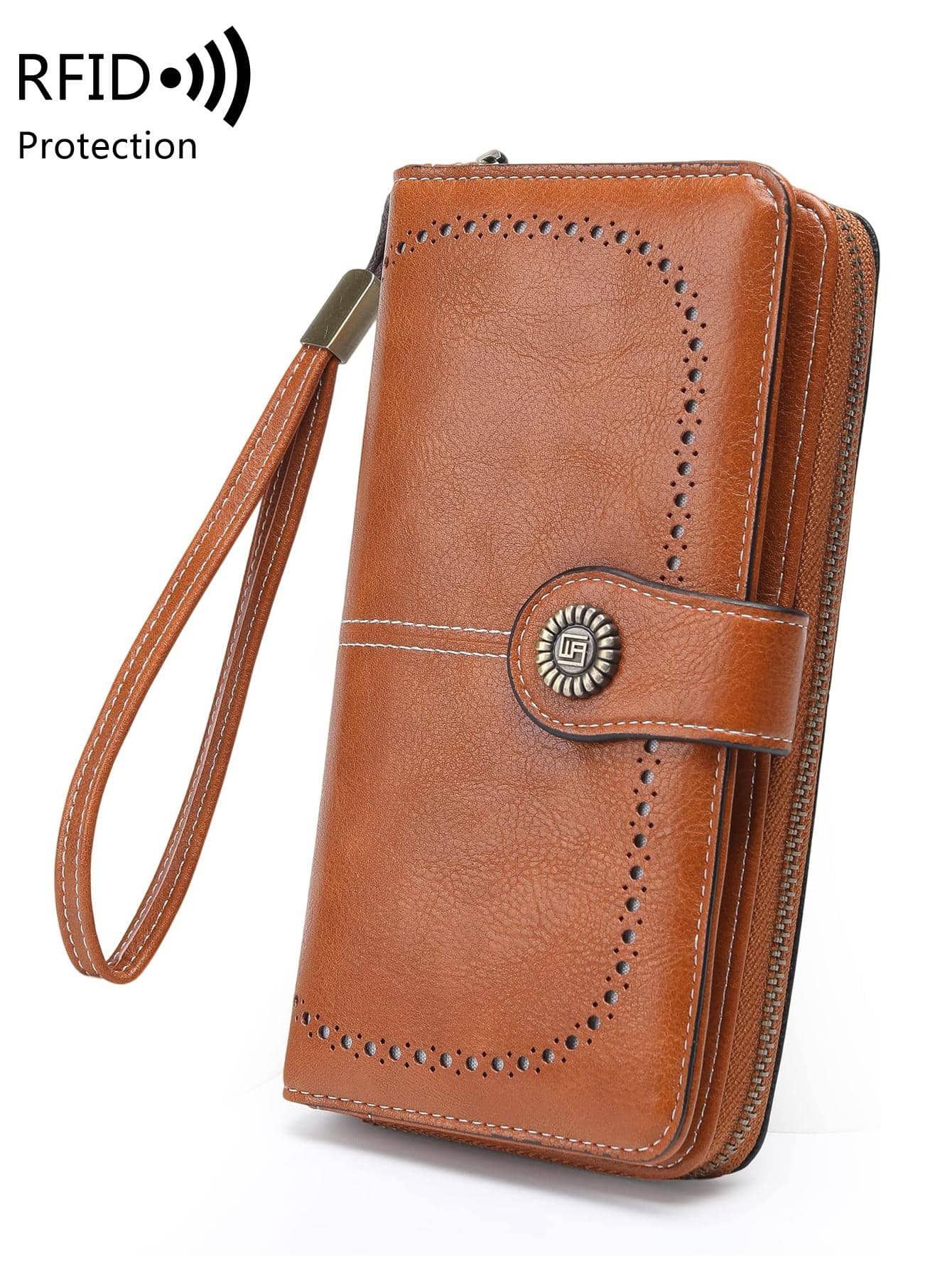 MIYIN 纽扣装饰 RFID PU 复古带包礼物商务休闲强盗女士钱包钱包长钱包腕带钱包