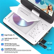 Portable DVD Player with 12" Swivel Display Screen, 5-Hour Rechargeable Battery, SD/USB Port, Car Charger, Power Adapter, Car Headrest Mount, Region-Free Playback, and White Color Design - White - View 4