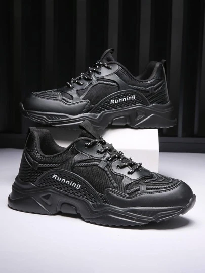 Men Letter Detail Lace-up Front Chunky Sneakers, Sporty Outdoor Sneakers