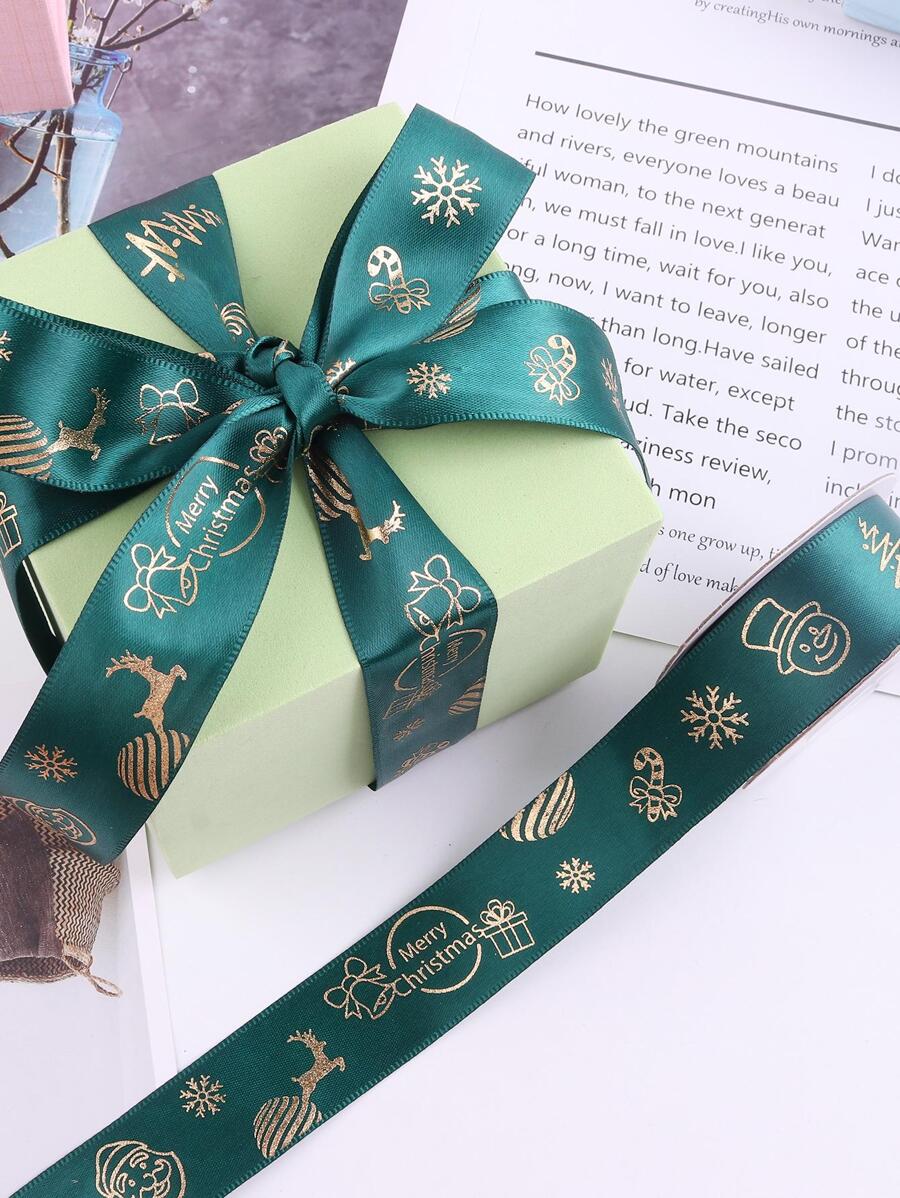 1roll Polyester Gift Wrapping Ribbon, Modern Christmas Gift Box & Snowflake Pattern Gift Wrapping Ribbon For Home - Green - View 1