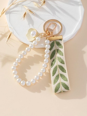 1pc Fashion Keychain With Woven Band & Faux Pearl Decor Gift Souvenir School Pearl Car Accessories Cute Goth Y2k
