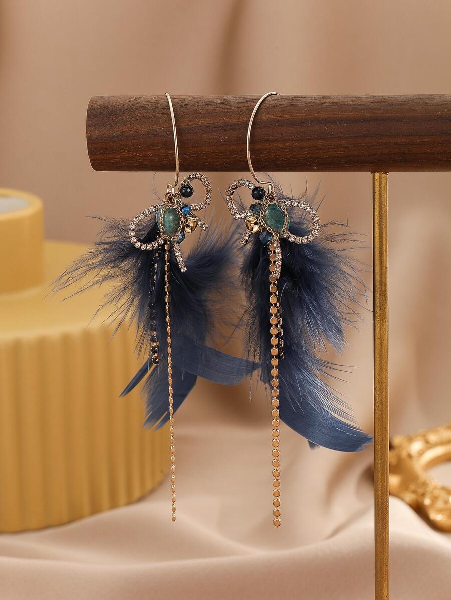 Bông tai thả lông vũ 2 chiếc - Màu xanh lam - Xem 1