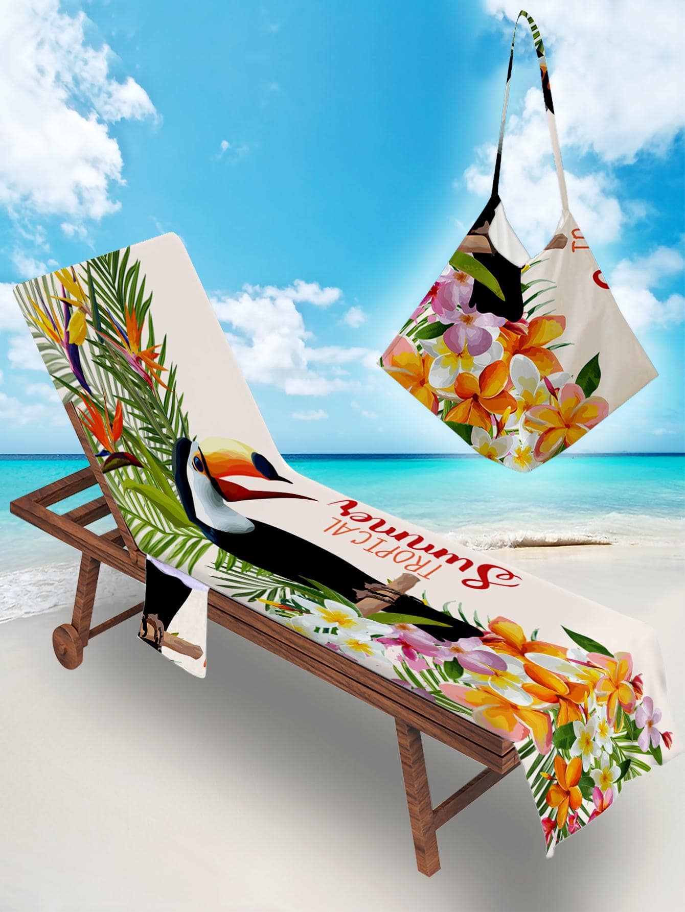 1pc Bird Pattern Beach Chair Cover & Bag, Modern Microfiber Rectangle Travel Beach Towel For Swimming, Diving, Summer - Multicolor - View 1