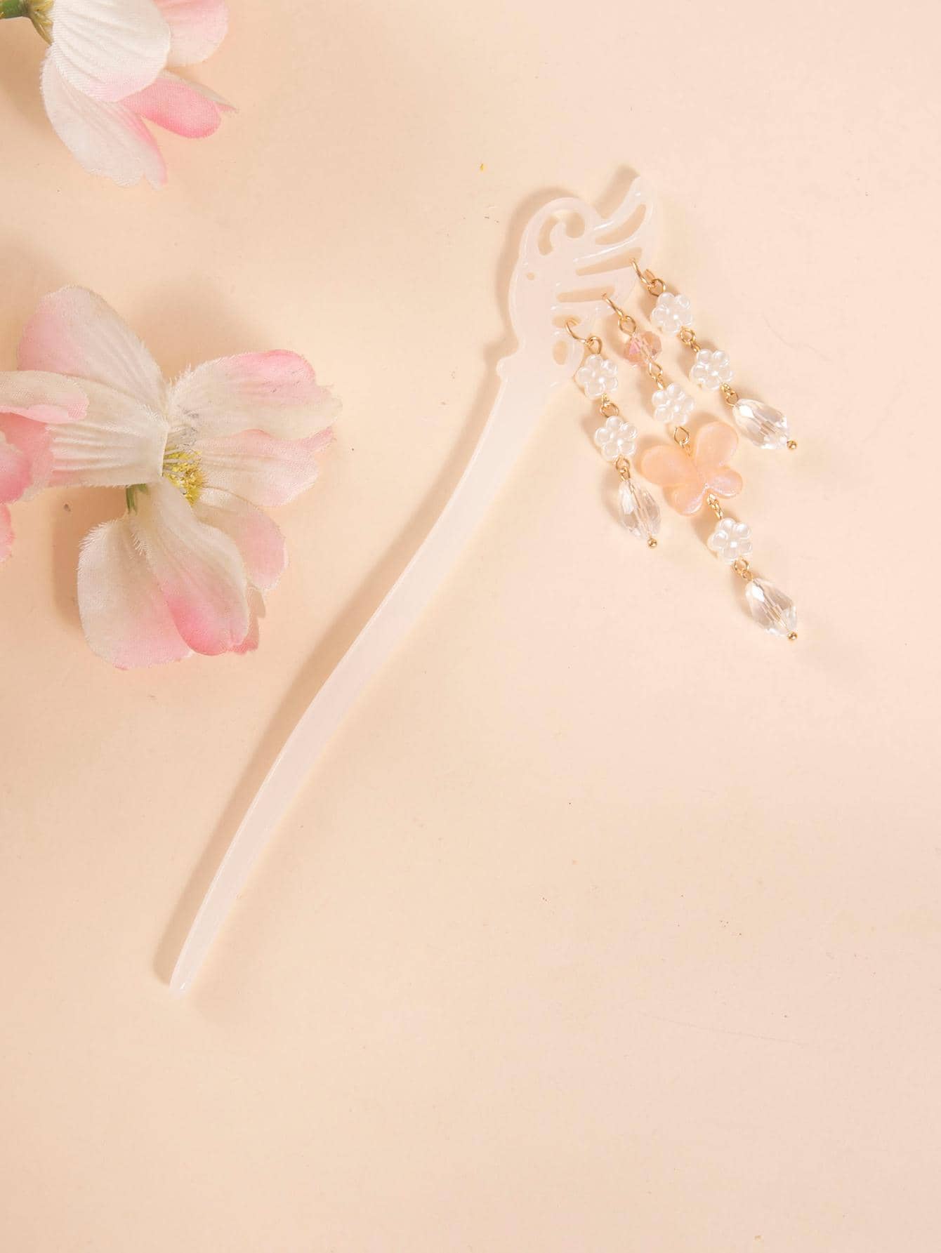 Bead & Flower Decor Butterfly Design Hair Pin - Champagne - View 1