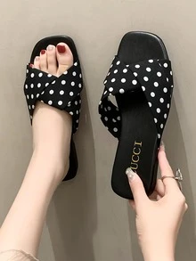 Xăng-đan quai trượt họa tiết chấm bi cho nữ, Xăng-đan đế bằng vải đen thanh lịch - màu đen - Xem 3