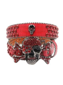 男士骷髏裝飾皮帶 - 紅色 - 查看 2