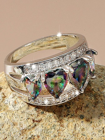 1pc Elegant Multicolor Diamond Heart Ring, Simple Design As Gift For Loved One