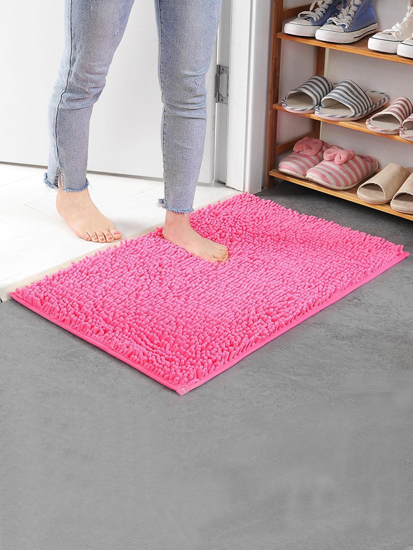 1pc Chenille Absorbent & Anti-slip Floor Mat, Suitable For Bedroom/kitchen/living Room/bathroom/entrance Doormat - Hot Pink - View 1