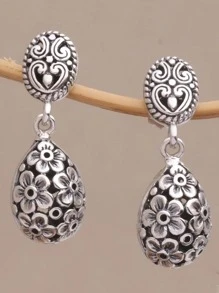 花朵细节圆形吊坠耳环 情人节、妈妈、母亲、母亲节、礼物 - 銀色 - 查看 8