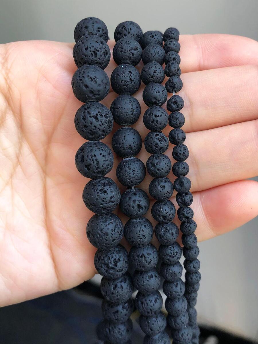 自然黑色火山火山石圓形橡膠珠子適用於珠寶製作DIY手鍊4/6/8/10mm15''