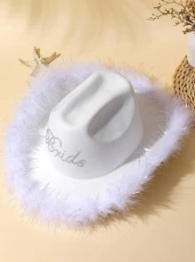 Letter Graphic Fuzzy Trim Fedora Hat - White - View 2