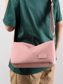 Pink Hobo Bag Casual Letter Patch Decor Adjustable Strap Zipper - Pink - View 2