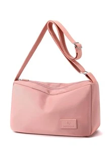 Pink Hobo Bag Casual Letter Patch Decor Adjustable Strap Zipper - Pink - View 1