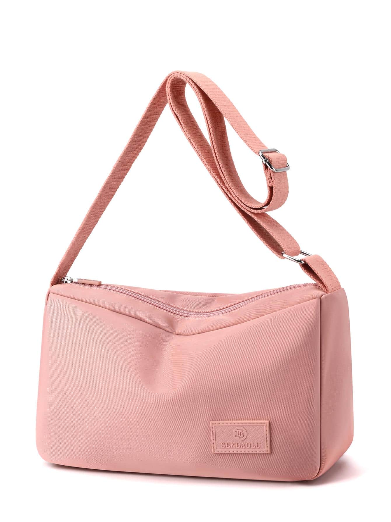 Pink Hobo Bag Casual Letter Patch Decor Adjustable Strap Zipper - Pink - View 1
