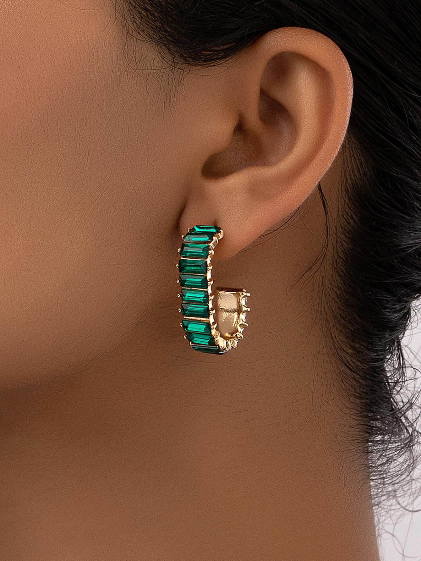 Rhinestone trang trí Cuff Hoop Bông tai - màu xanh lá - Xem 1