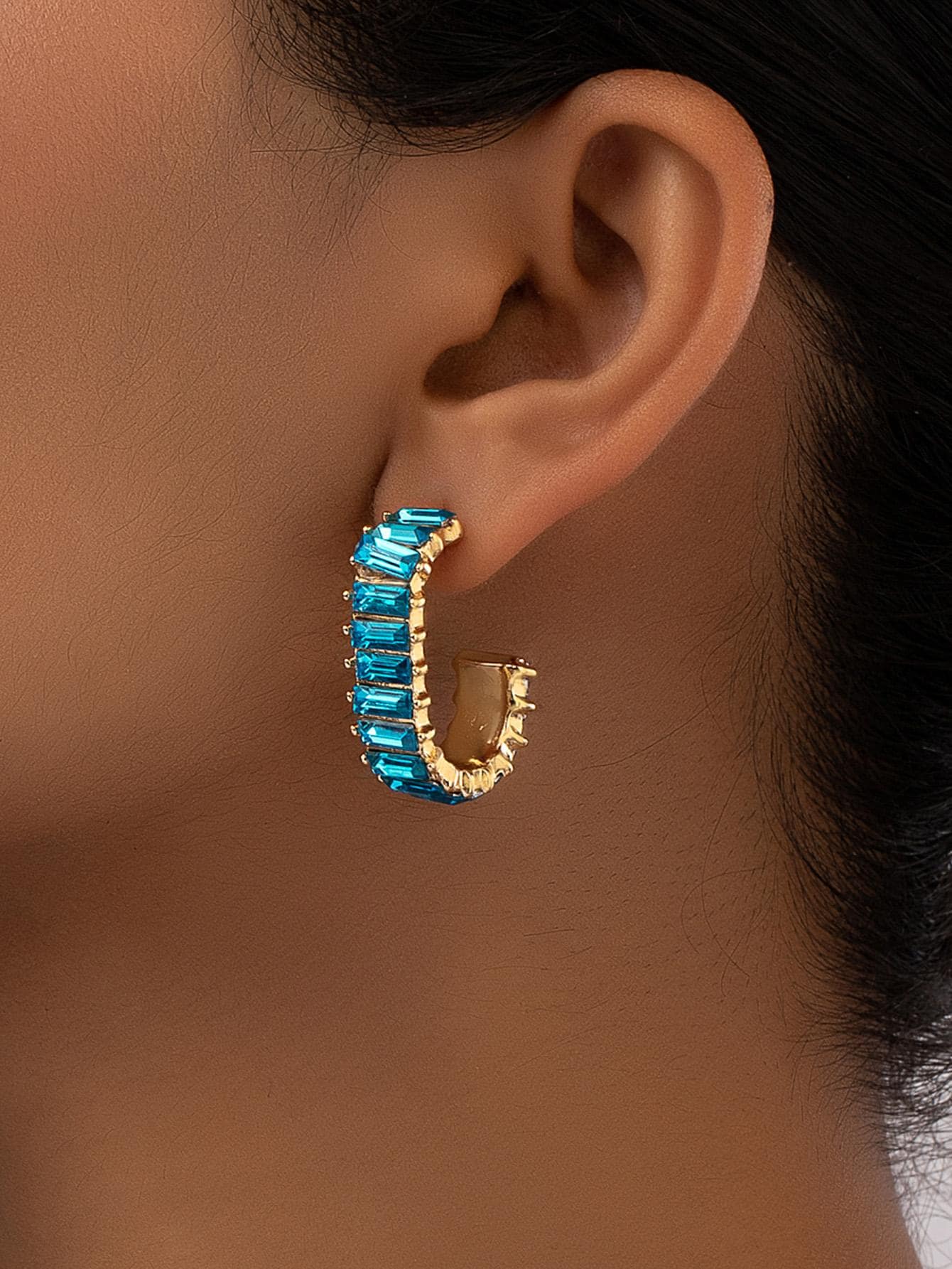 Rhinestone Decor Cuff Hoop Earrings - Blue - View 1