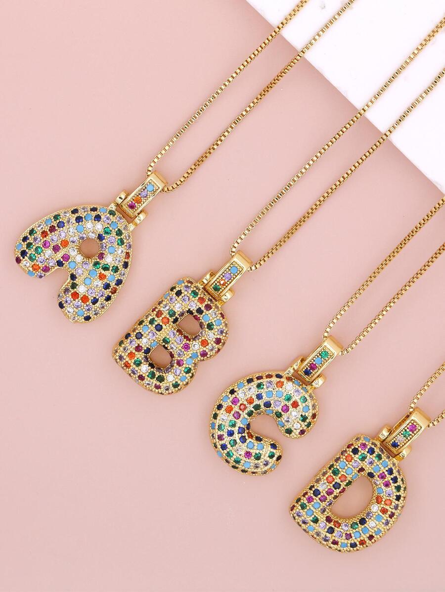 时尚铜质立方氧化锆字母吊坠项链，男女皆宜，日常配饰 - 金色 - 查看 1