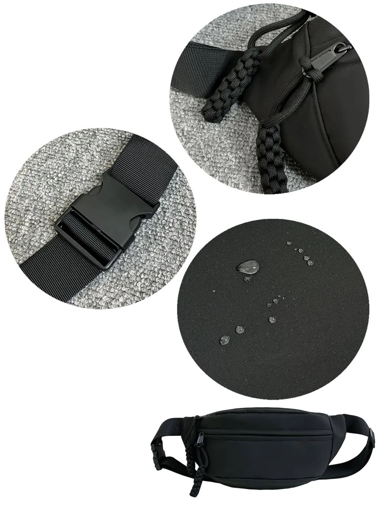 Riñonera grande de nailon con cremallera, estilo casual y de negocios, minimalista, para viajes, universidad y colegio, con correa ajustable, bolso bandolera, bolso de pecho, bolso de cintura, bolso de invierno con cremallera, bolso negro de gran capacidad y multifuncional, bolso lateral para vacaciones, vacaciones y vuelta al cole para hombres - Negro - Ver 4