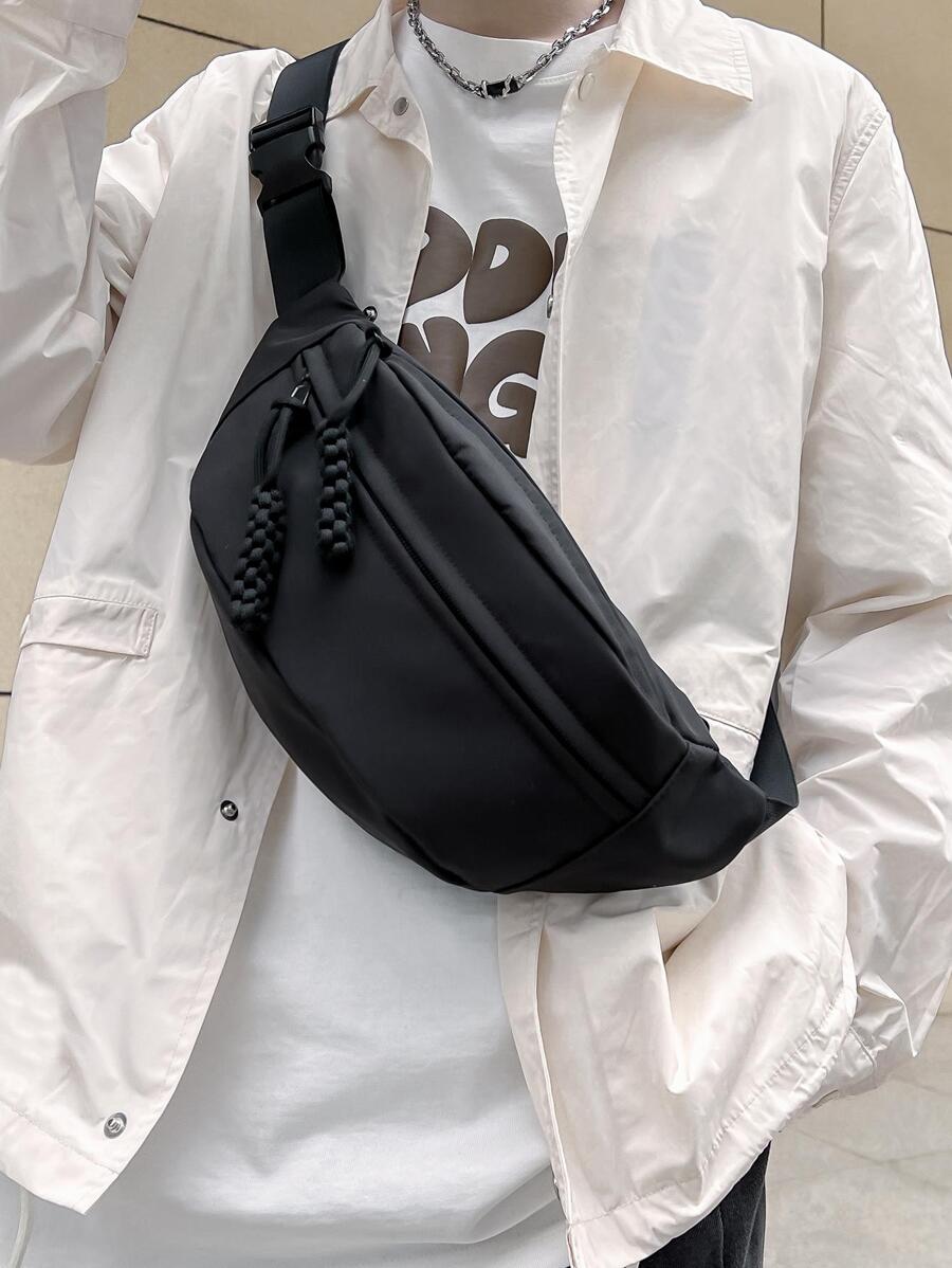 大号腰包拉链尼龙休闲商务简约旅行学院风可调节肩带斜挎包单肩包胸包腰包腰包冬季拉链包黑色包大容量多功能户外度假侧包男士旅行必备品节日必备品夏季返校腰包包腰包