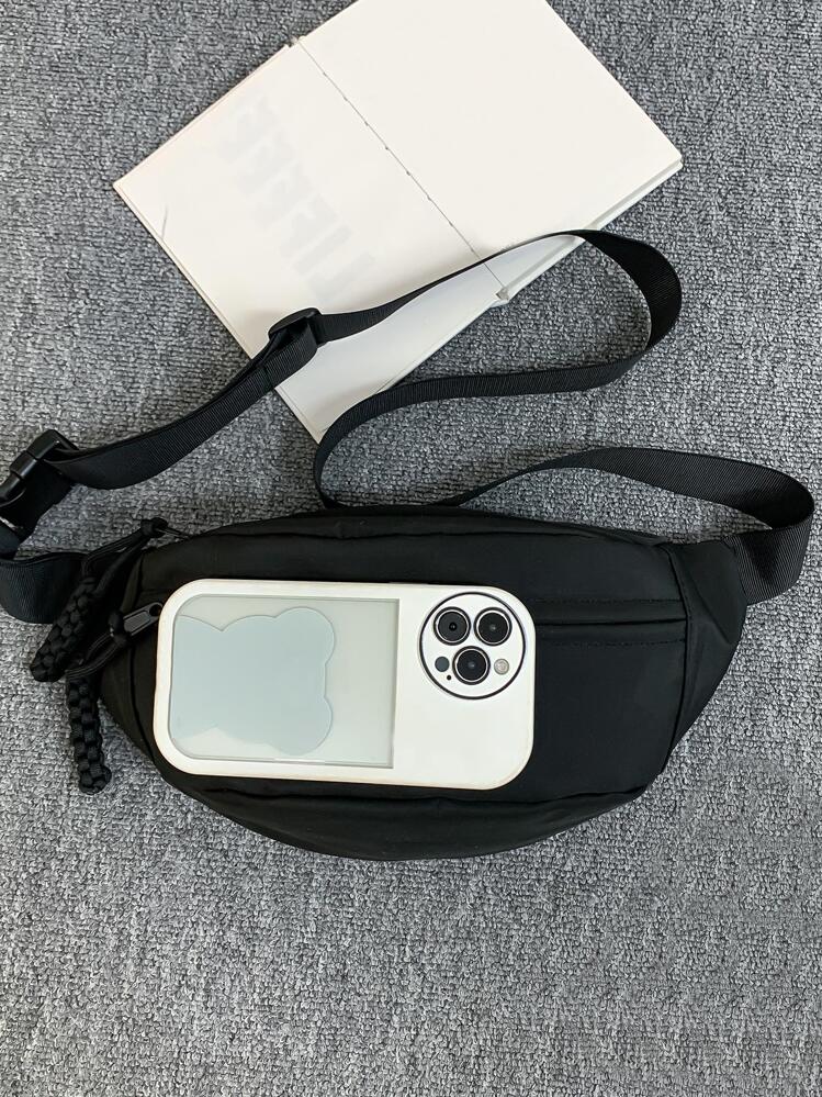 Riñonera grande de nailon con cremallera, estilo casual y de negocios, minimalista, para viajes, universidad y colegio, con correa ajustable, bolso bandolera, bolso de pecho, bolso de cintura, bolso de invierno con cremallera, bolso negro de gran capacidad y multifuncional, bolso lateral para vacaciones, vacaciones y vuelta al cole para hombres - Negro - Ver 5