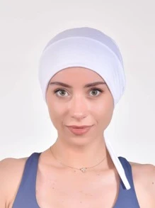 純色綁帶頭套連帽時尚女帽，復古穆斯林帽，適合四季穿戴 - 白色 - 查看 5