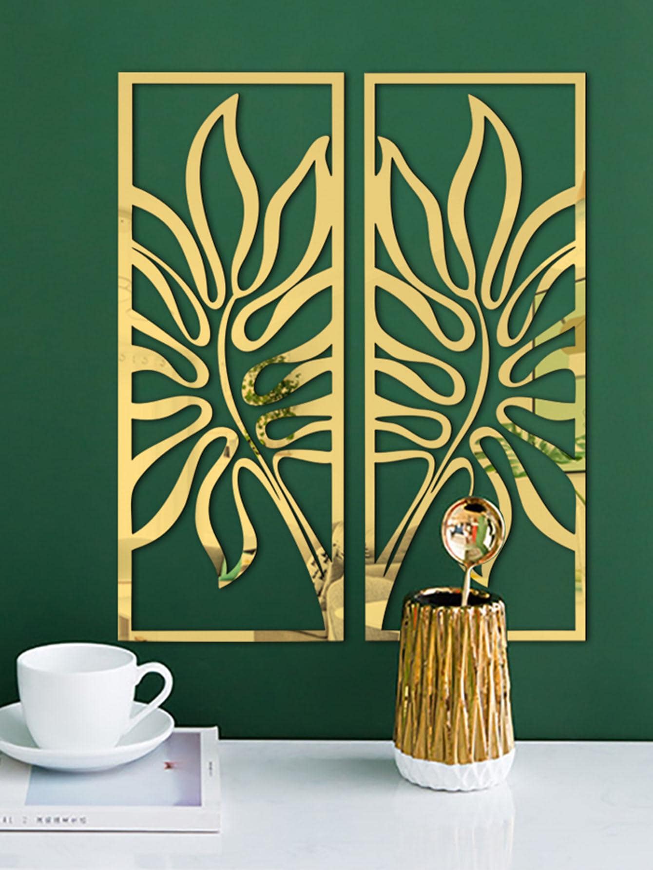 Nhãn dán tường thiết kế hình chiếc lá rỗng - Vàng - Xem 1