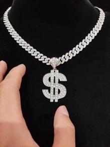 Collar con dije de símbolo de dólar de diamantes de imitación para hombre para decoración diaria para una apariencia elegante - Plateado - Ver 1
