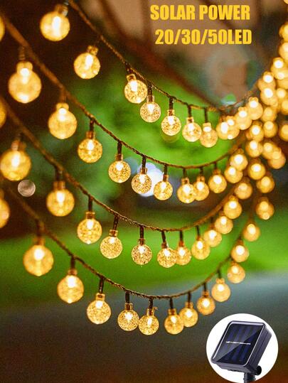 1串20/30/50颗LED灯珠，长度5/6.5/9.5米，水晶泡泡球造型，太阳能户外LED灯串，适用于庭院、户外探险、露营帐篷装饰和室内装饰。