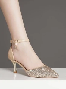 Giày cao gót có dây đeo mắt cá chân quyến rũ dành cho nữ, Giày cao gót trang trí sequin lấp lánh - Màu be - Xem 1