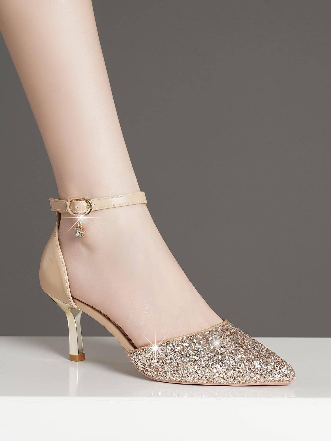Giày cao gót có dây đeo mắt cá chân quyến rũ dành cho nữ, Giày cao gót trang trí sequin lấp lánh - Màu be - Xem 1