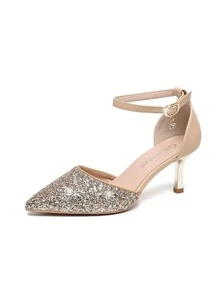Giày cao gót có dây đeo mắt cá chân quyến rũ dành cho nữ, Giày cao gót trang trí sequin lấp lánh - Màu be - Xem 5