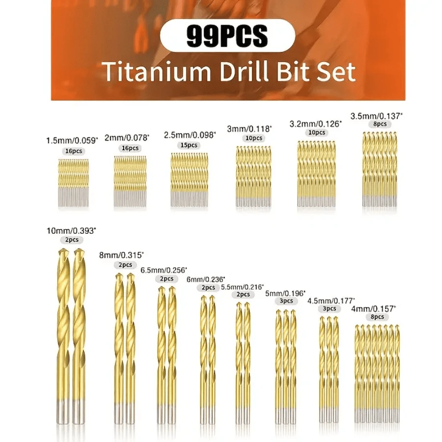 99pcs/set Titanium Drill Bit Set, Modern Drill Bit For Metal, Wood - Gold - View 1