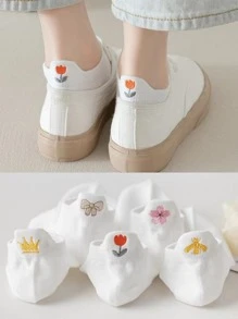 5 pares Calcetines invisibles con mariposa & con patrón floral - Blanco - Ver 2