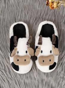 Preppy Novelty Slippers For Women, Cartoon Cow Design Warm Slip-on Home Slippers
