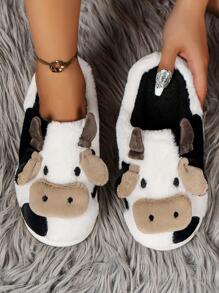 Preppy Novelty Slippers For Women, Cartoon Cow Design Warm Slip-on Home Slippers